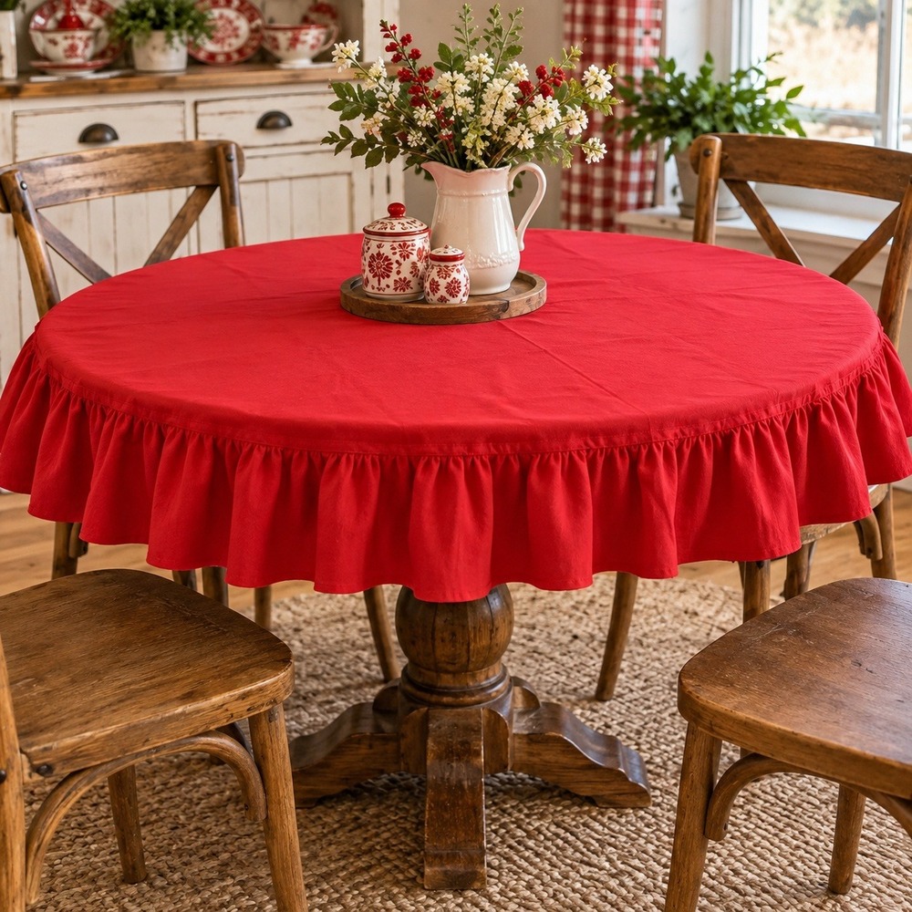 Handmade 64" Vintage Country Farmhouse Red Ruffled Round Tablecloth